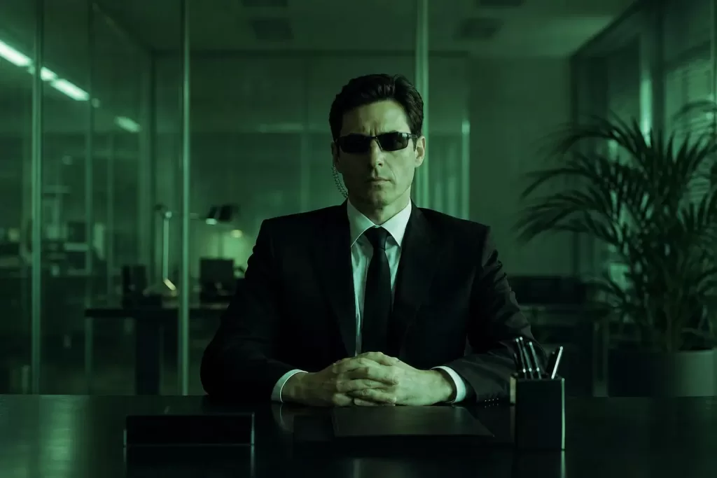 Agent Mann seated at a desk in a green-tinted office, wearing sunglasses and an earpiece.