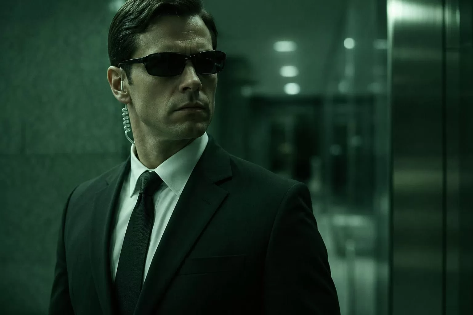 Agent Mann in a green-tinted corridor, wearing sunglasses and an earpiece.