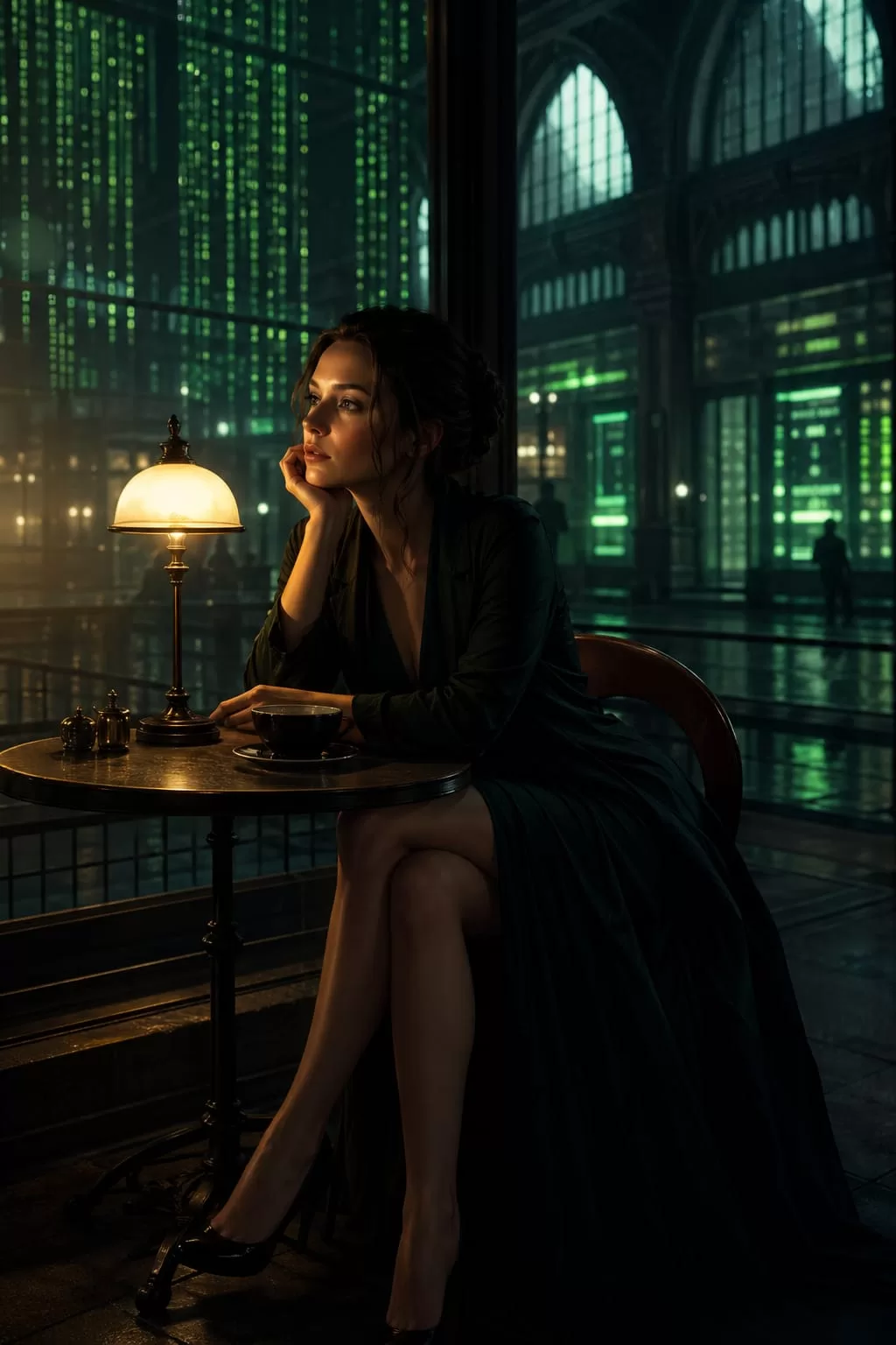 Seraphine sitting alone at a cafe table inside a Matrix-like station, lit by a small lamp while green code glows beyond the windows.