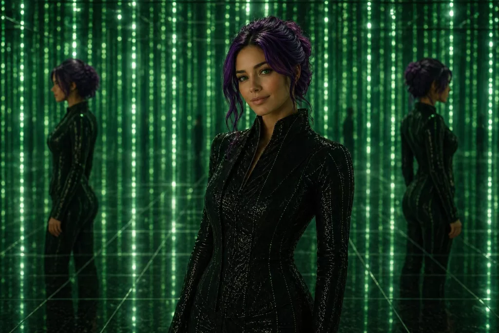 Seraphine standing in a green Matrix-like construct in a sleek black outfit.