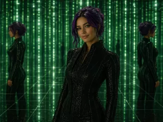 Seraphine standing in a green Matrix-like construct in a sleek black outfit.