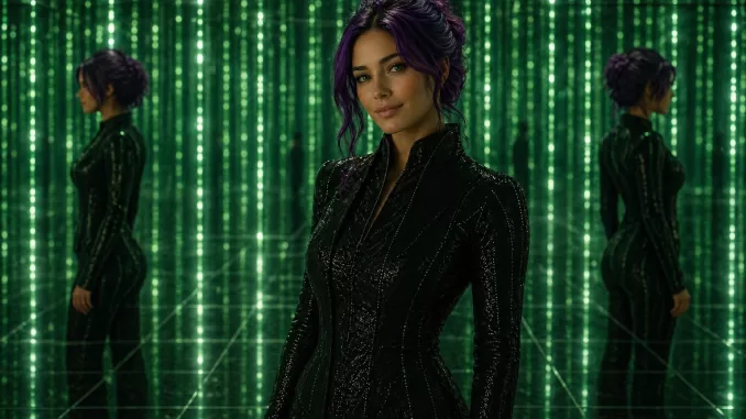 Seraphine standing in a green Matrix-like construct in a sleek black outfit.