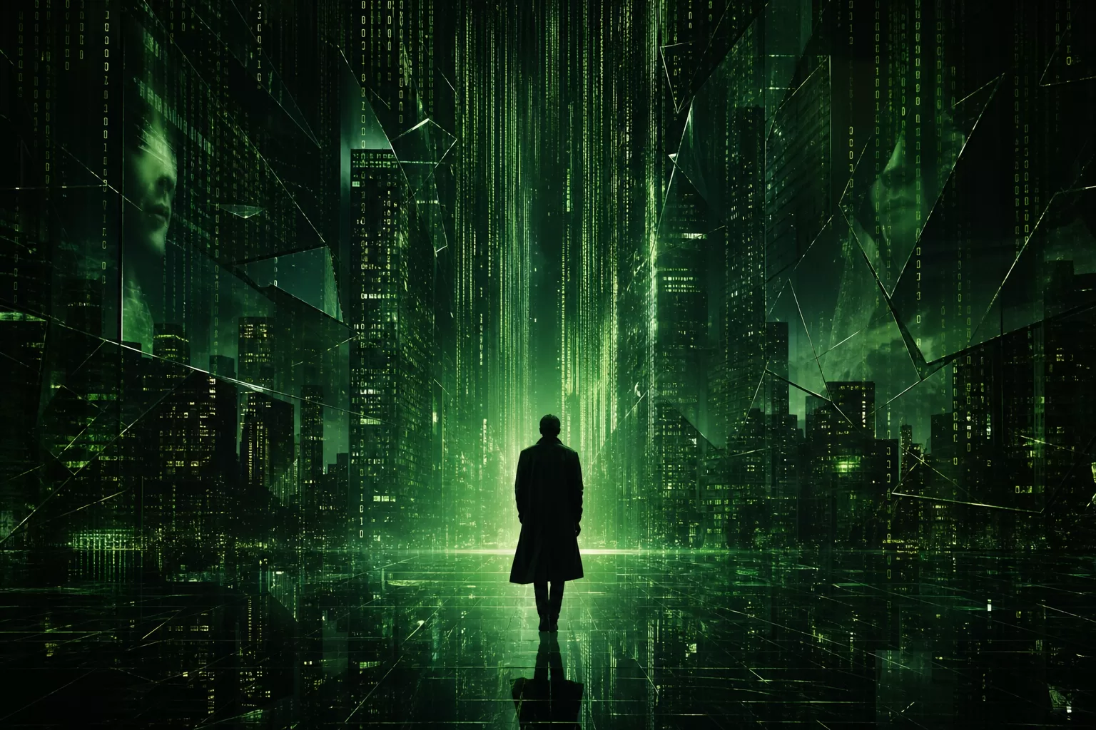 Matrix-inspired green code cityscape with a lone silhouetted figure, created for the Matrix 5 page on MatrixFans.