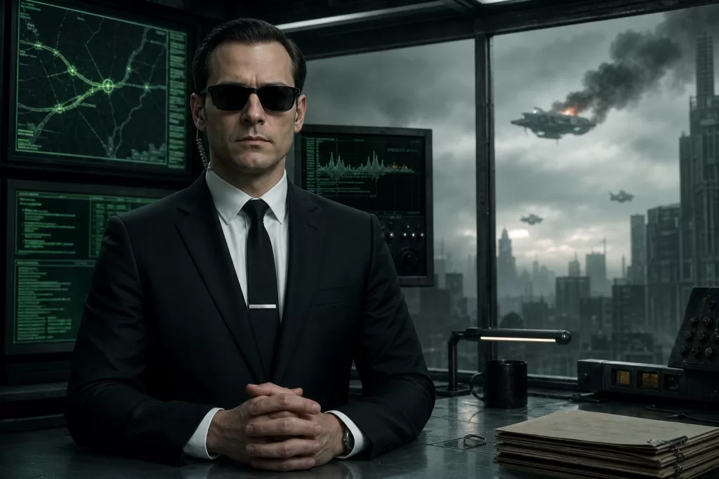 Agent Mann in a cold Matrix command-center environment for a Zion satire article.