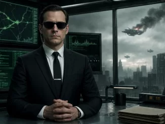 Agent Mann in a cold Matrix command-center environment for a Zion satire article.