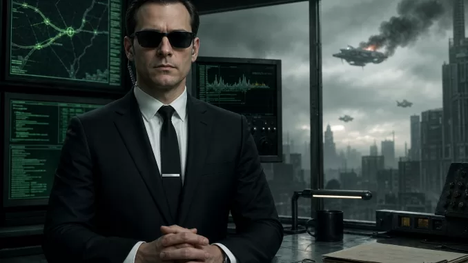 Agent Mann in a cold Matrix command-center environment for a Zion satire article.