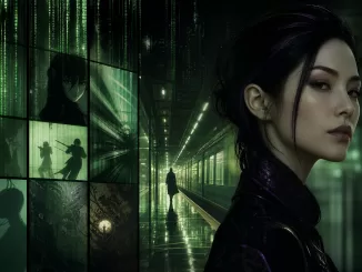 Seraphine in a layered Matrix-animation atmosphere for an Animatrix anthology article.