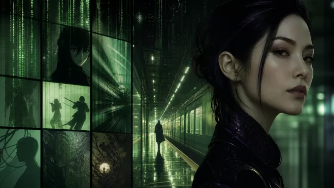 Seraphine in a layered Matrix-animation atmosphere for an Animatrix anthology article.