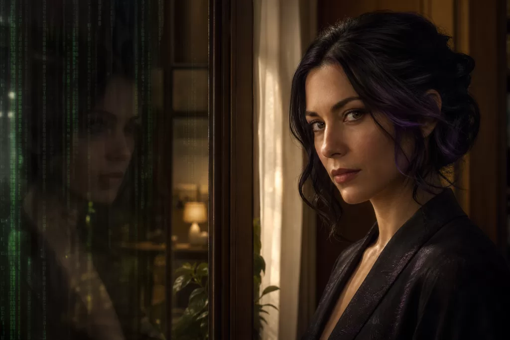 Seraphine in a warm domestic Matrix threshold atmosphere for an Oracle article.